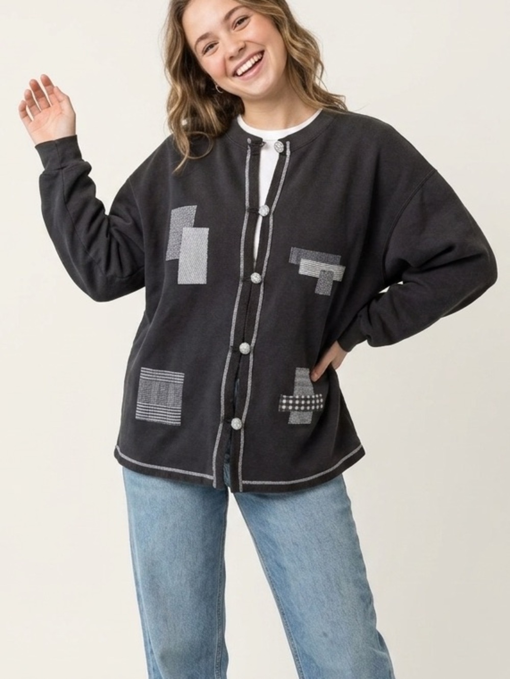 Vintage Handmade Black Women's Button-Front Sweatshirt Cardigan with Patches
